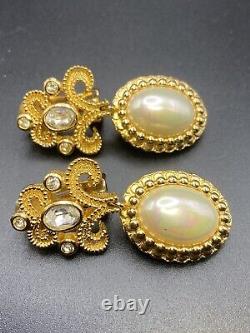 Vintage Christian Dior Gold-tone Lustrous Pearl Rhinestones Clip Earrings Dangle