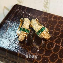 Vintage Christian Dior Green & Clear Crystal Gold Tone Clip Earrings