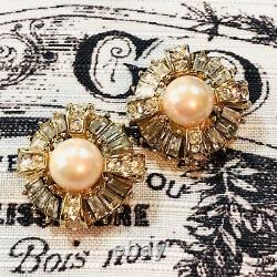 Vintage Christian Dior Grey Crystal Pearl Gold Clip Earrings New Old Stock