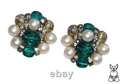 Vintage Christian Dior Gripiox Emerald Glass & Faux Pearl Clip Earrings
