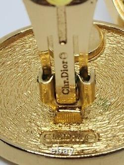 Vintage Christian Dior Monogram Crest Gold Tone Large Clip Earrings