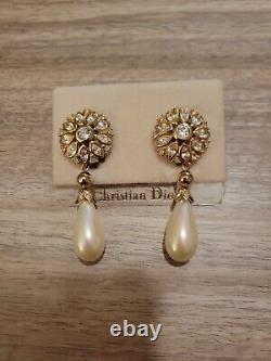 Vintage Christian Dior Signed Crystal Pearl Gold Tone 2 1/2 Long Clip Earrings
