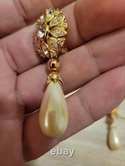 Vintage Christian Dior Signed Crystal Pearl Gold Tone 2 1/2 Long Clip Earrings