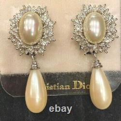 Vintage Christian Dior Signed Crystal Pearl Silver Tone Dangle Clip Earrings