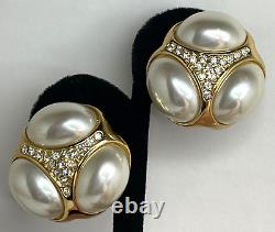 Vintage Christian Dior Signed Faux Pearl Crystal Gold Tone Clip On Earrings