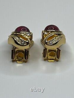 Vintage Christian Dior Signed Red Glass Cabochon Clip on Earrings