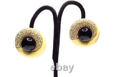 Vintage Ciner Clear Rhinestone Clip Earrings Black Glass Cabochons Enameled