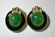Vintage Ciner Green Jade Color Glass Black Enamel Rhinestone Clip Earrings