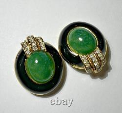Vintage Ciner Green Jade Color Glass Black Enamel Rhinestone Clip Earrings
