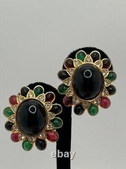 Vintage Ciner Jewels of India Multi Color Moghul Glass Clip On Earrings Signed