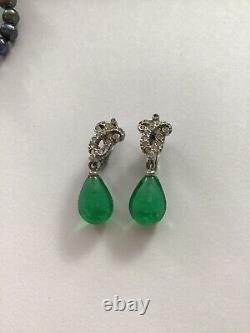 Vintage Ciner Rhinestone Green Glass Cabochon Dangle Drop Clip On Earrings