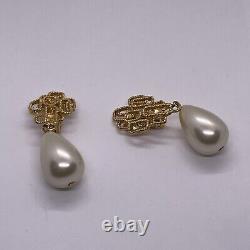 Vintage Clip Earrings Kenneth Jay Lane Signed, Gold Toned Tear Drop Pearl, KJL