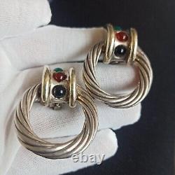 Vintage Clip Earrings Large Electroform Silver 925 Onyx Rope 1980s Door Knocker