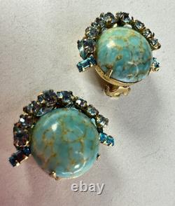 Vintage Clip On Earrings SCHREINER Signed Simulated Turquoise Glass Blue