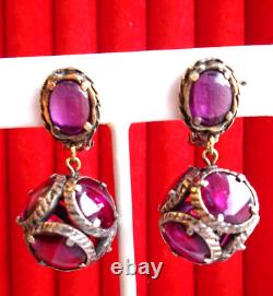 Vintage Crown Signed Trifari Red Pink Poured Glass Clip Earrings Renaissance