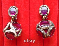 Vintage Crown Signed Trifari Red Pink Poured Glass Clip Earrings Renaissance