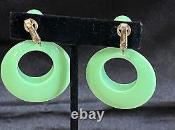 Vintage Crown TRIFARI Drop Dangle Green Lucite Clip Earrings
