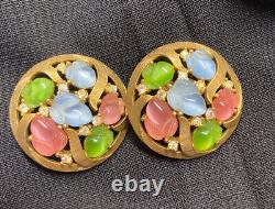 Vintage Crown Trifari Printemps Fruit Salad Acorn Rhinestone Clip Earring Pastel