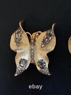 Vintage Crown Trifari Signed Butterfly Gold Tone Earrings rhinestones