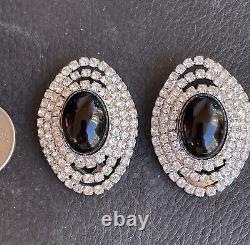 Vintage Crystal Rhinestone Oval Black Cab Clip Statement Earrings 39 by 28.5 mm