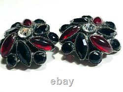 Vintage DELILLO Clip Earrings BLK/Red LG Rhinestones WithSilver Plate Signed