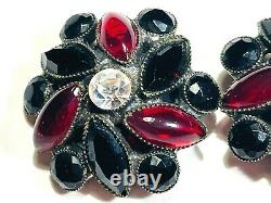 Vintage DELILLO Clip Earrings BLK/Red LG Rhinestones WithSilver Plate Signed