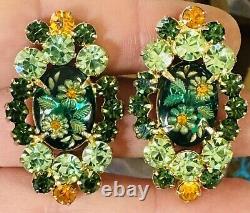 Vintage D&E Juliana Engraved Etched Green Flower Clip Earrings 1-5/8 Rare