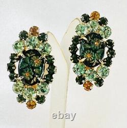 Vintage D&E Juliana Engraved Etched Green Flower Clip Earrings 1-5/8 Rare