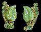 Vintage D&E Juliana Green AB Molded Glass Leaves Rhinestones Clip Earrings