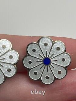 Vintage David Andersen Norway Sterling Silver White Enamel Flower Clip Earrings