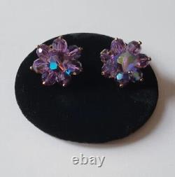 Vintage DeMario NY Aurora Borealis Purple Austrian Crystal Earrings Clip On