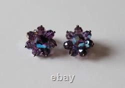 Vintage DeMario NY Aurora Borealis Purple Austrian Crystal Earrings Clip On