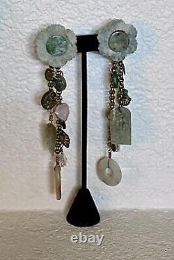 Vintage Designer Jade Multi-stone Drop Clip Earrings
