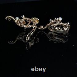 Vintage Diamond Pearl Sapphire Enamel 14k Gold Cherry Blossom Tree Clip Earrings