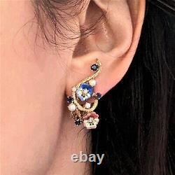 Vintage Diamond Pearl Sapphire Enamel 14k Gold Cherry Blossom Tree Clip Earrings