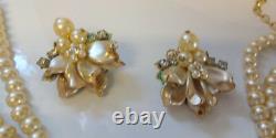 Vintage Early Unsigned Miriam Haskell Pearl Necklace Earrings Clip On Set