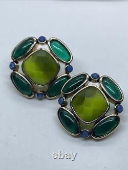 Vintage Earrings Clip On Gripoix Monet Glass Signed Rare Blue Green Gold Tone