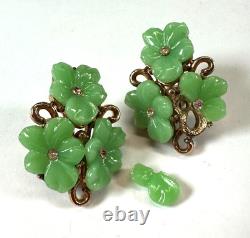 Vintage Earrings Clip Trifari Pat Pend Green Flower Alfred Phillipe Need Repair