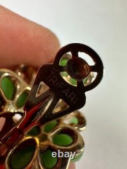 Vintage Earrings Clip Trifari Pat Pend Green Flower Alfred Phillipe Need Repair