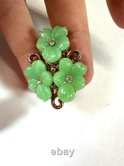 Vintage Earrings Clip Trifari Pat Pend Green Flower Alfred Phillipe Need Repair