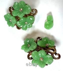 Vintage Earrings Clip Trifari Pat Pend Green Flower Alfred Phillipe Need Repair