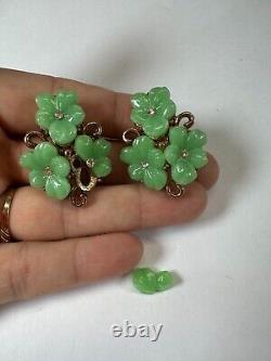 Vintage Earrings Clip Trifari Pat Pend Green Flower Alfred Phillipe Need Repair