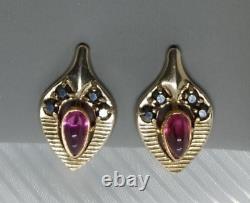 Vintage Earrings Gold 585 14K Corundum Women's Jewelry Cabochon Soviet Rare Old