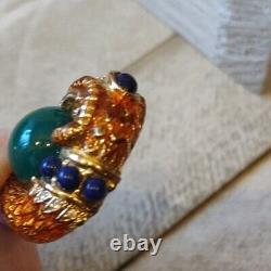 Vintage Earrings Signed CRAFT Enamel Cabochon Rams Head Gold tone Clip On Rare