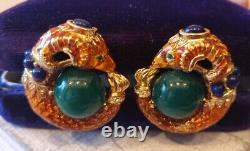 Vintage Earrings Signed CRAFT Enamel Cabochon Rams Head Gold tone Clip On Rare