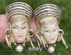 Vintage Earrings Unsigned Selro Face Thai Princess Clip On 91 Bakelite