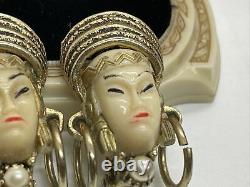 Vintage Earrings Unsigned Selro Face Thai Princess Clip On Lucite 91