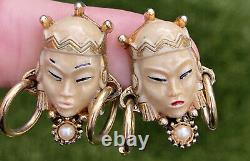 Vintage Earrings Unsigned Selro Selini Face Thai Princess Bakelite Clip On 135