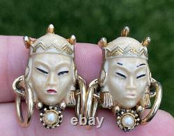 Vintage Earrings Unsigned Selro Selini Face Thai Princess Bakelite Clip On 135