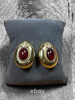 Vintage Elegant Givenchy Moghul Red Cabochon Rhinestone Clip Earrings